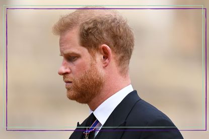 Prince Harry, Duke of Sussex as he joined the Procession following the State Hearse carrying the coffin of Queen Elizabeth II towards St George&#039;s Chapel on September 19, 2022 in Windsor, England. 