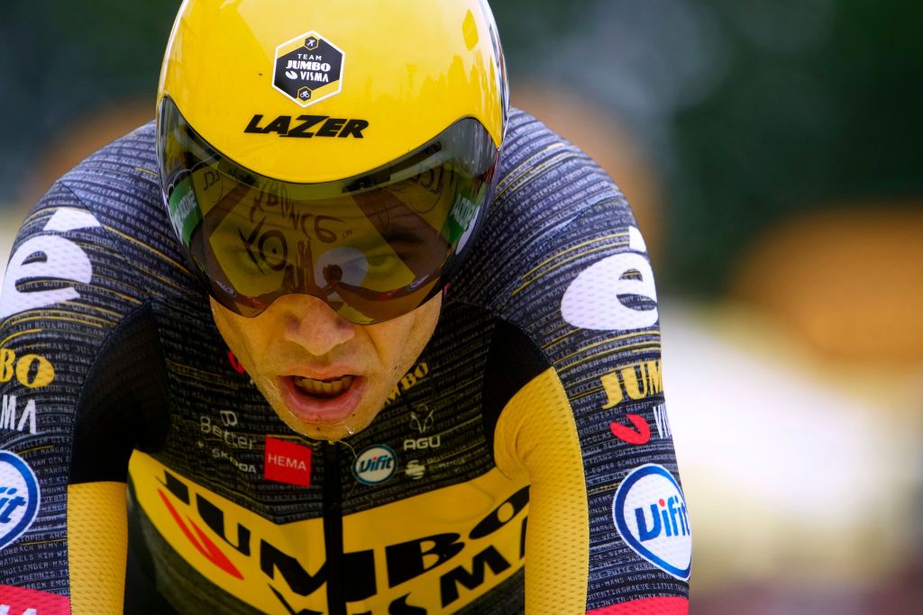 LAVAL ESPACE MAYENNE FRANCE JUNE 30 Wout Van Aert of Belgium and Team JumboVisma at arrival during the 108th Tour de France 2021 Stage 5 a 272km Individual Time Trial stage from Chang to Laval Espace Mayenne 90m ITT LeTour TDF2021 on June 30 2021 in Laval Espace Mayenne France Photo by Christophe Ena PoolGetty Images