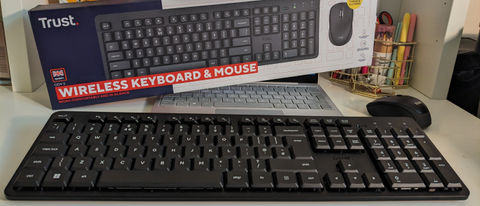 Trust Ody II Silent Wireless Keyboard and mouse on a desk with box in background