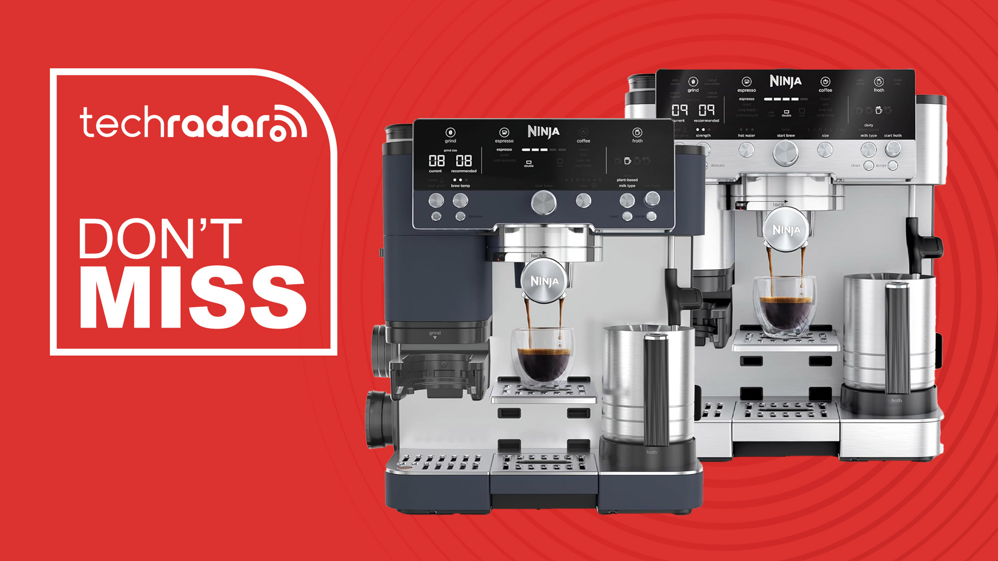 Ninja Luxe Cafe Premier espresso machine in Cyberspace and Stainless Steel colours on a red background with &quot;Don&#039;t Miss&quot; text