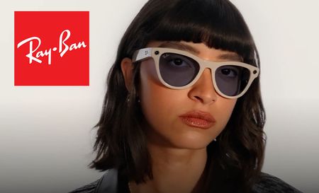 Women wearing RayBan sunglasses on white backgroud and RayBan logo in top left corner