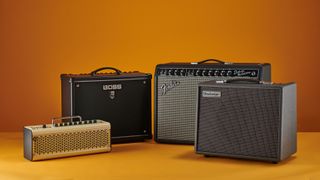 Yamaha THR10II, Boss Katana, Fender Tone Master Deluxe Reverb and Blackstar Silverline amps on a gold/orange background