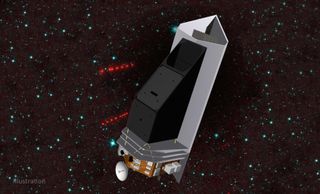 An artist's depiction of the NEO Surveyor spacecraft searching for asteroids.