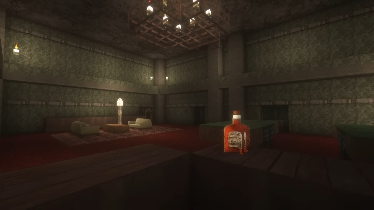 interior penthouse with low poly whiskey bottle in Minecraft New Vegas