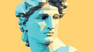 A stylized digital illustration of a Roman bust of a man on a yellow background