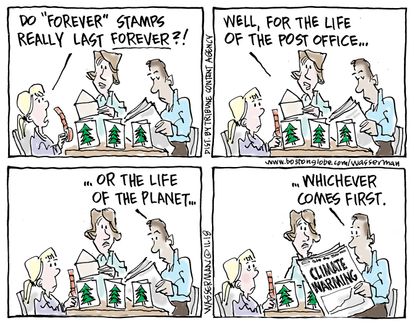 Editorial cartoon U.S. climate change post office forever stamp