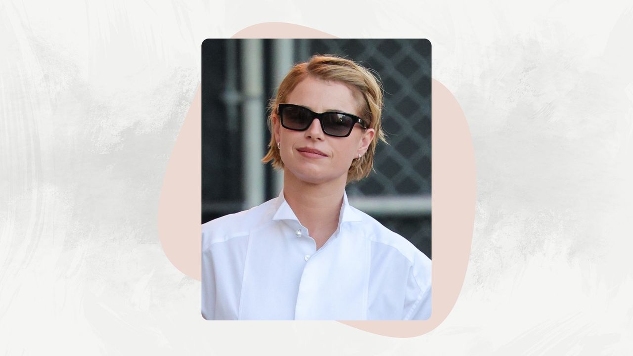 Jessie Buckley is seen on January 15, 2026 in Los Angeles, California, with a pixie cut hairstyle and wearing black sunglasses and a white shirt.