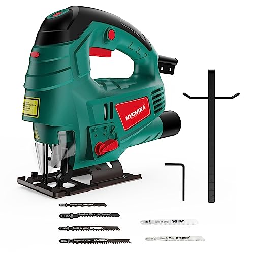 Hychika Jigsaw, 800w Max Cutting Depth 110mm for Wood, 800-3000spm Electric Jigsaw With Laser, 7 Variable Speeds, 0-3 Orbital Sets, Bevel Cutting: -45 &amp;deg; to 45, 6 Blades