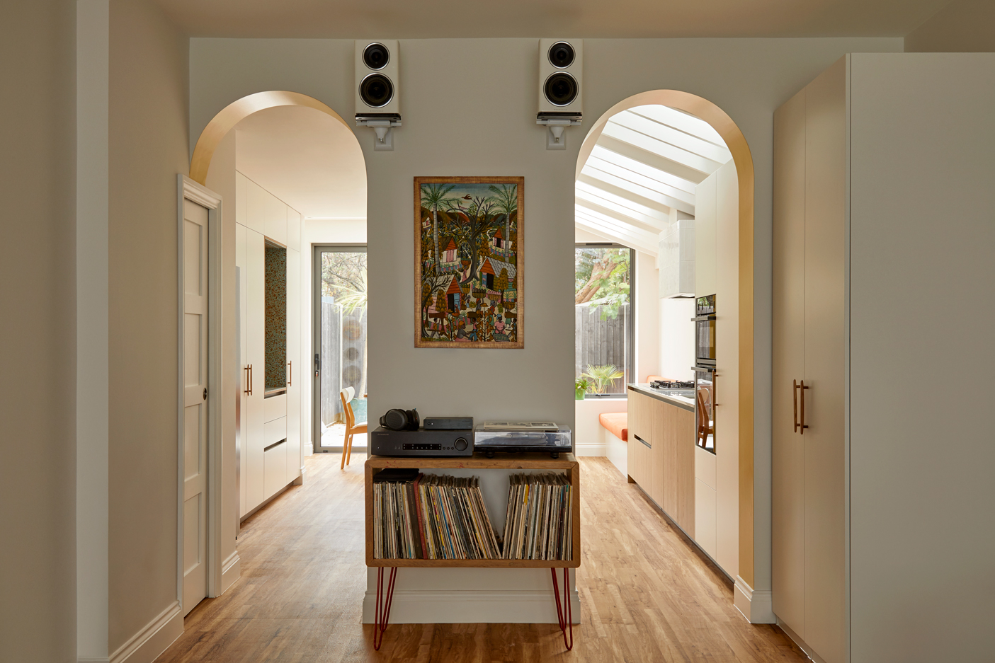 interior of West London extension Ealing return, a colourful modern kitchen addition