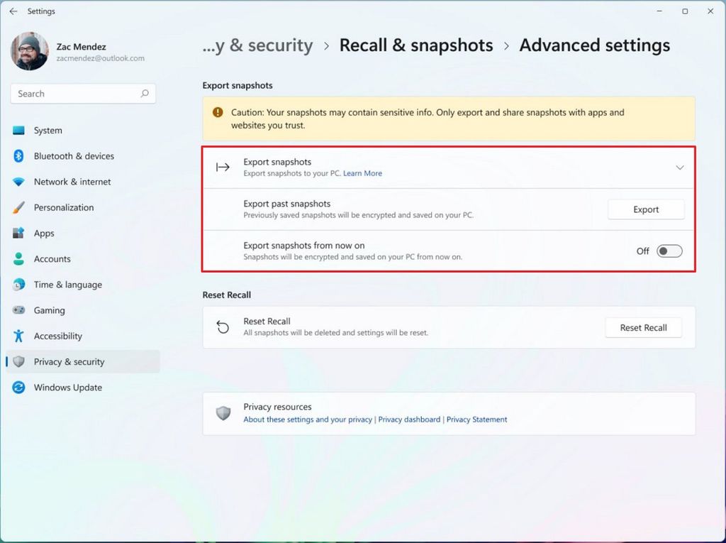 Windows Recall Advanced settings page