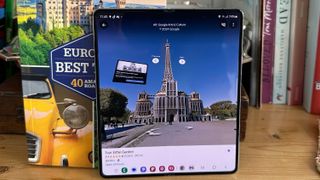 Google Maps on a Galaxy Z Fold 5, looking at the Eiffel Tower in street view mode