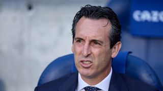 Villarreal head coach Unai Emery looks on from the bench during the La Liga match between Real Sociedad and Villarreal on 9 October, 2022 at the Reale Arena, San Sebastian, Spain