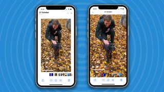 Two iPhones side-by-side, showing changes to video playback in the iOS 18 Photos app.