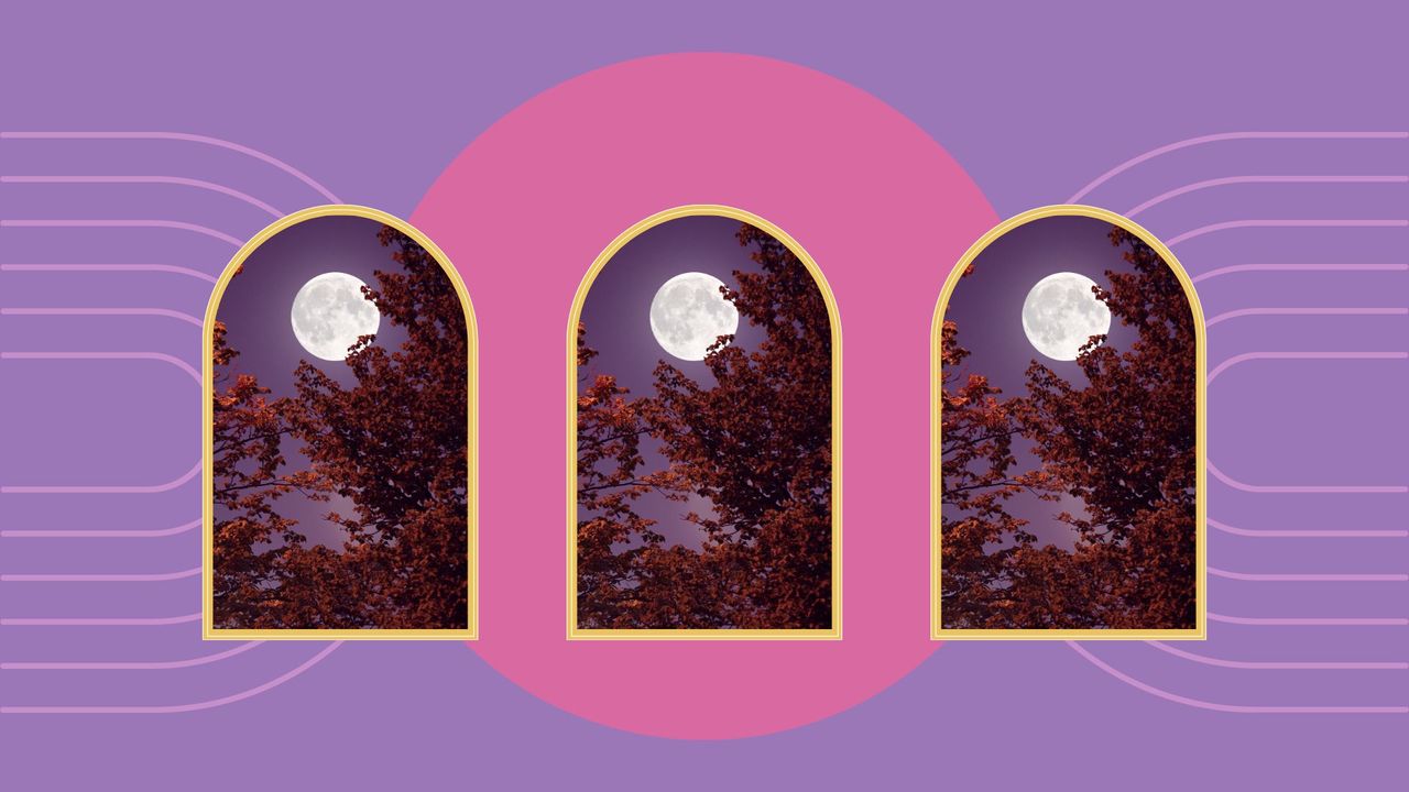 when is the next full moon feature image; three full moons near autumn trees on a pink and purple background