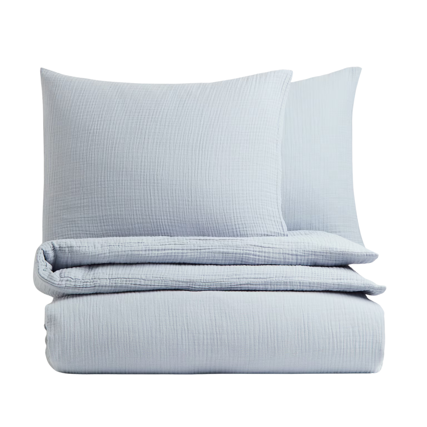 A light dusty blue muslin pillow and duvet cover set