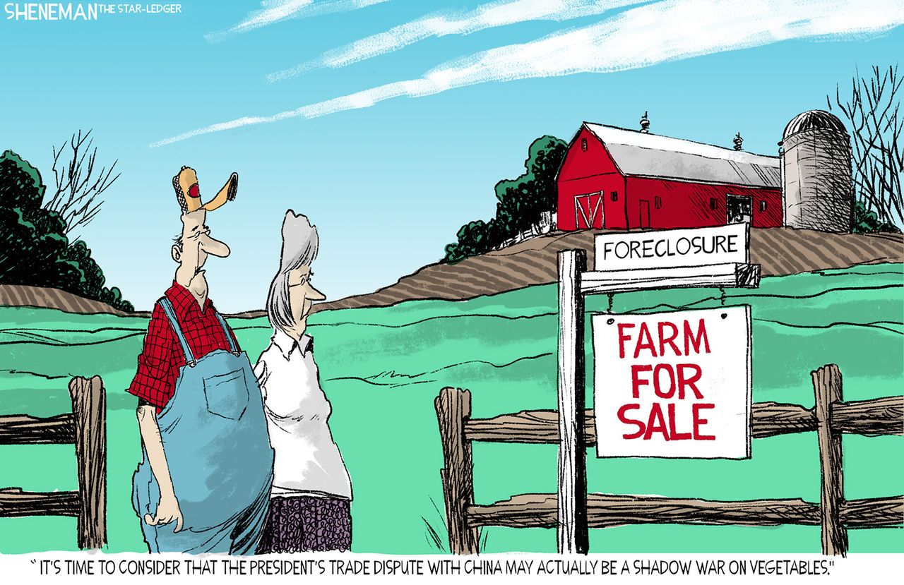 Political Cartoon U.S. Trump Trade War China Farm Foreclosure Vegetables