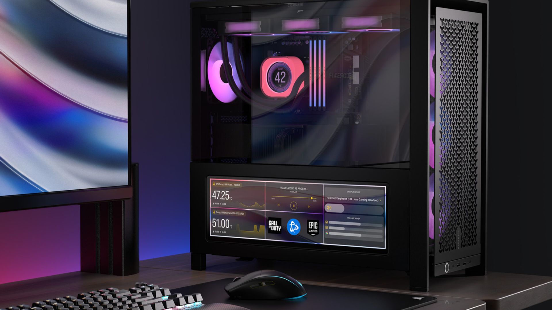 A Corsair Xeneon Edge marketing image showing the display mounted to a gaming PC