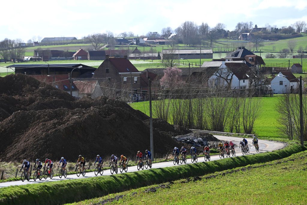 HARELBEKE BELGIUM MARCH 24 LR Kasper Asgreen of Denmark and Team Soudal Quick Step Tadej Pogaar of Slovenia and UAE Team Emirates and Mads Pedersen of Denmark and Team Trek Segafredo lead the chase group during the 66th E3 Saxo Bank Classic Harelbeke 2023 a 2041km one day race from Harelbeke to Harelbeke on UCIWT March 24 2023 in Harelbeke Belgium Photo by Tim de WaeleGetty Images