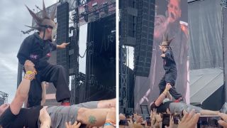 A kid in a Slipknot mask crowd surfing on his dad