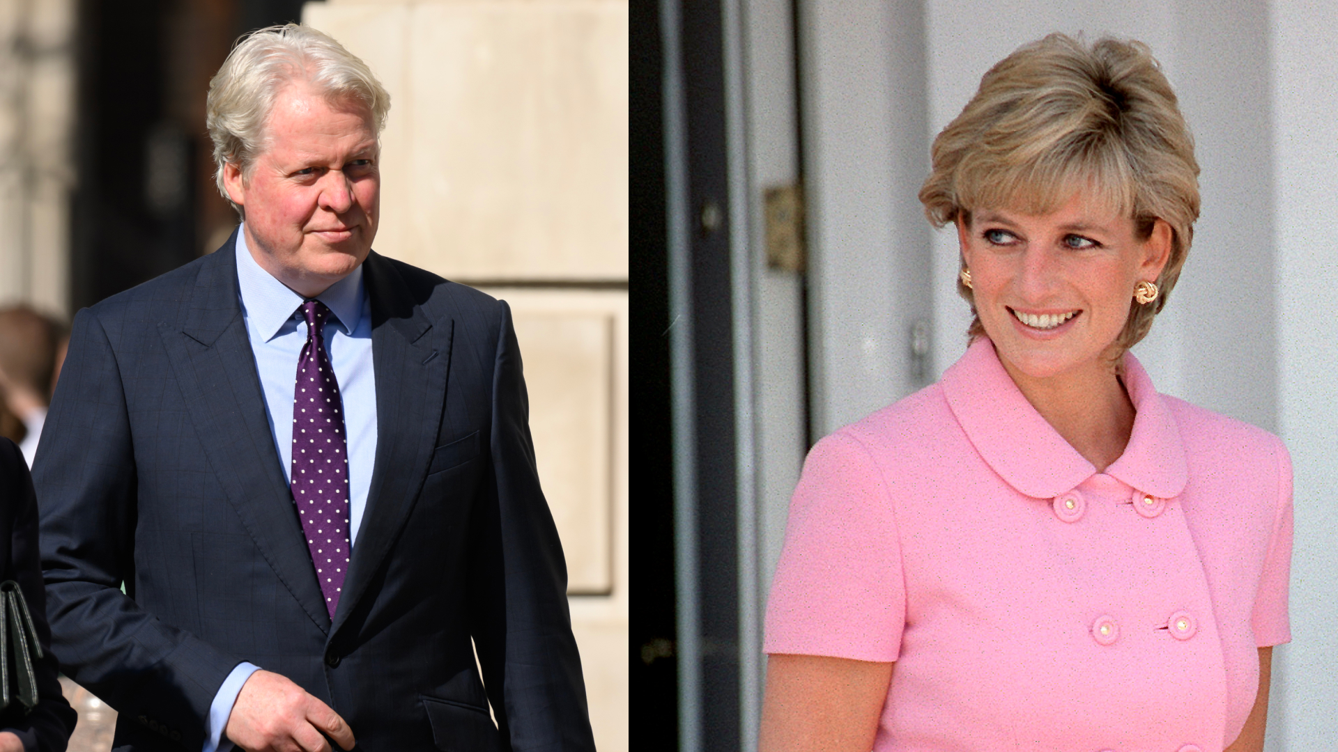 Earl Spencer wearing a navy suit; Princess Diana in a pink blazer