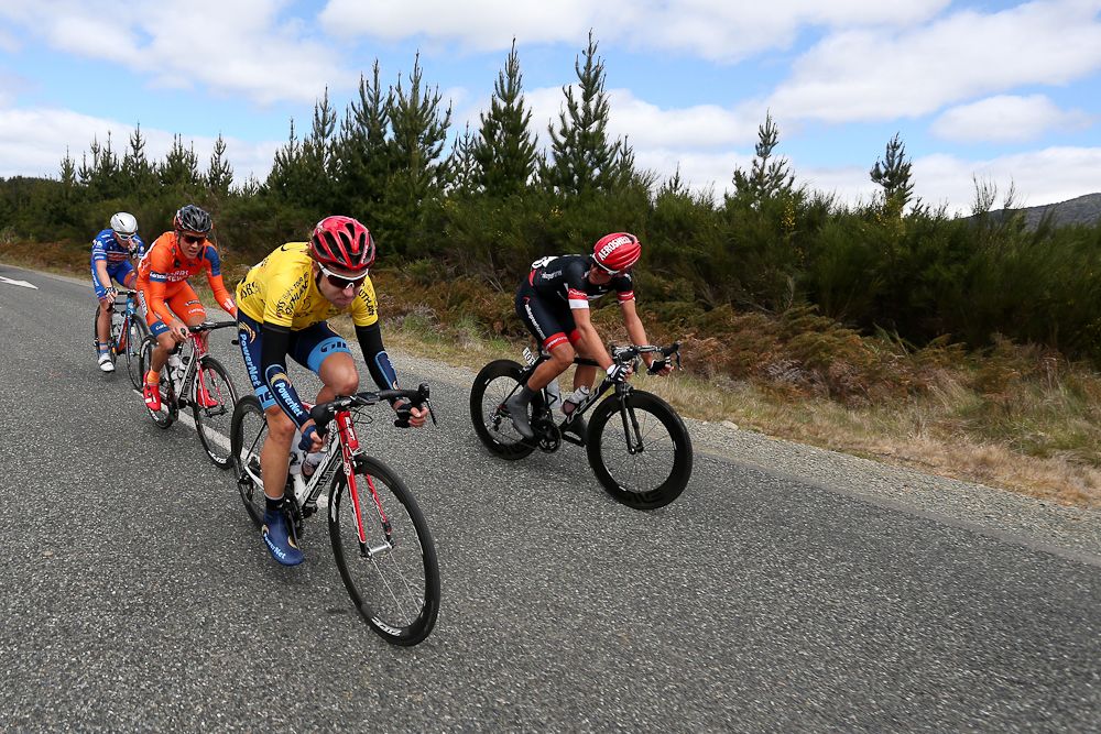 Brad Evans of Dunedin wears the yellow jersey during stage three of the Tour of Southland