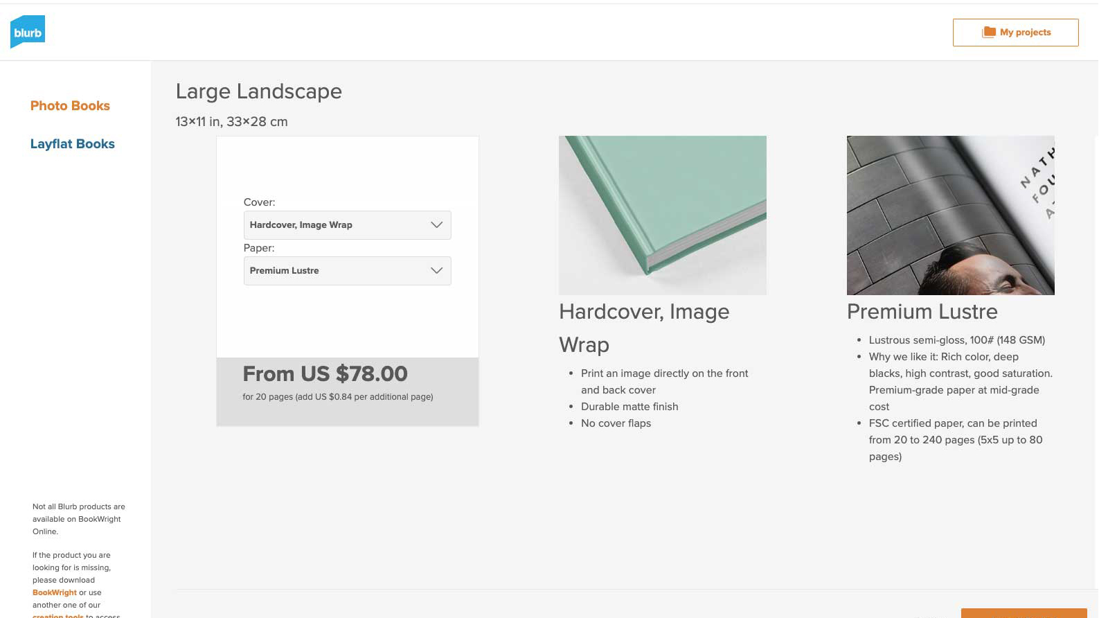 A screenshot of the Blurb photo book website interface
