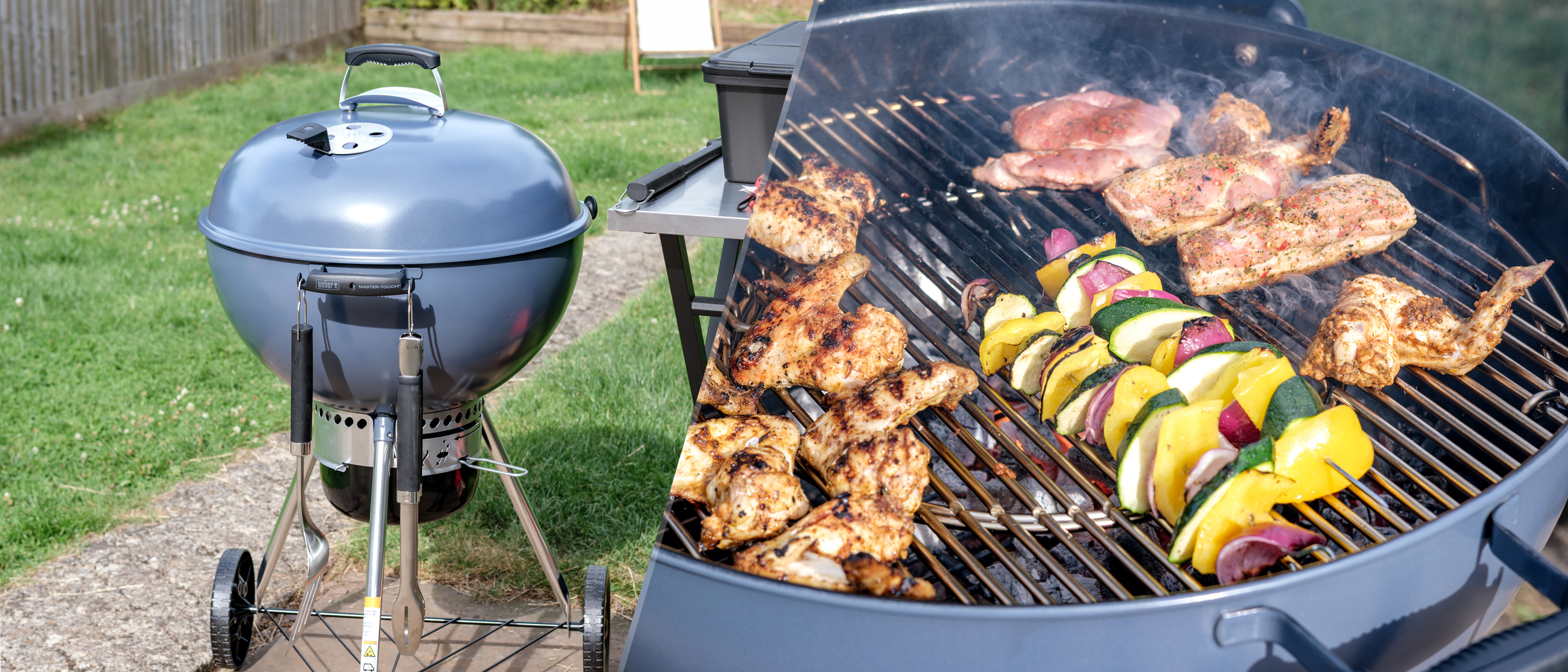 A split image with the Weber Master-Touch on the left and grilled food on the right, being cooked on the Master-Touch