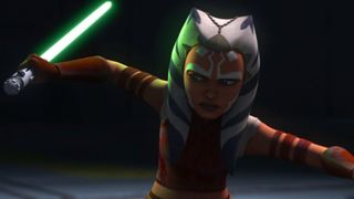 Jedi Ahsoka wields her green lightsaber from Star Wars: Tales of the Jedi