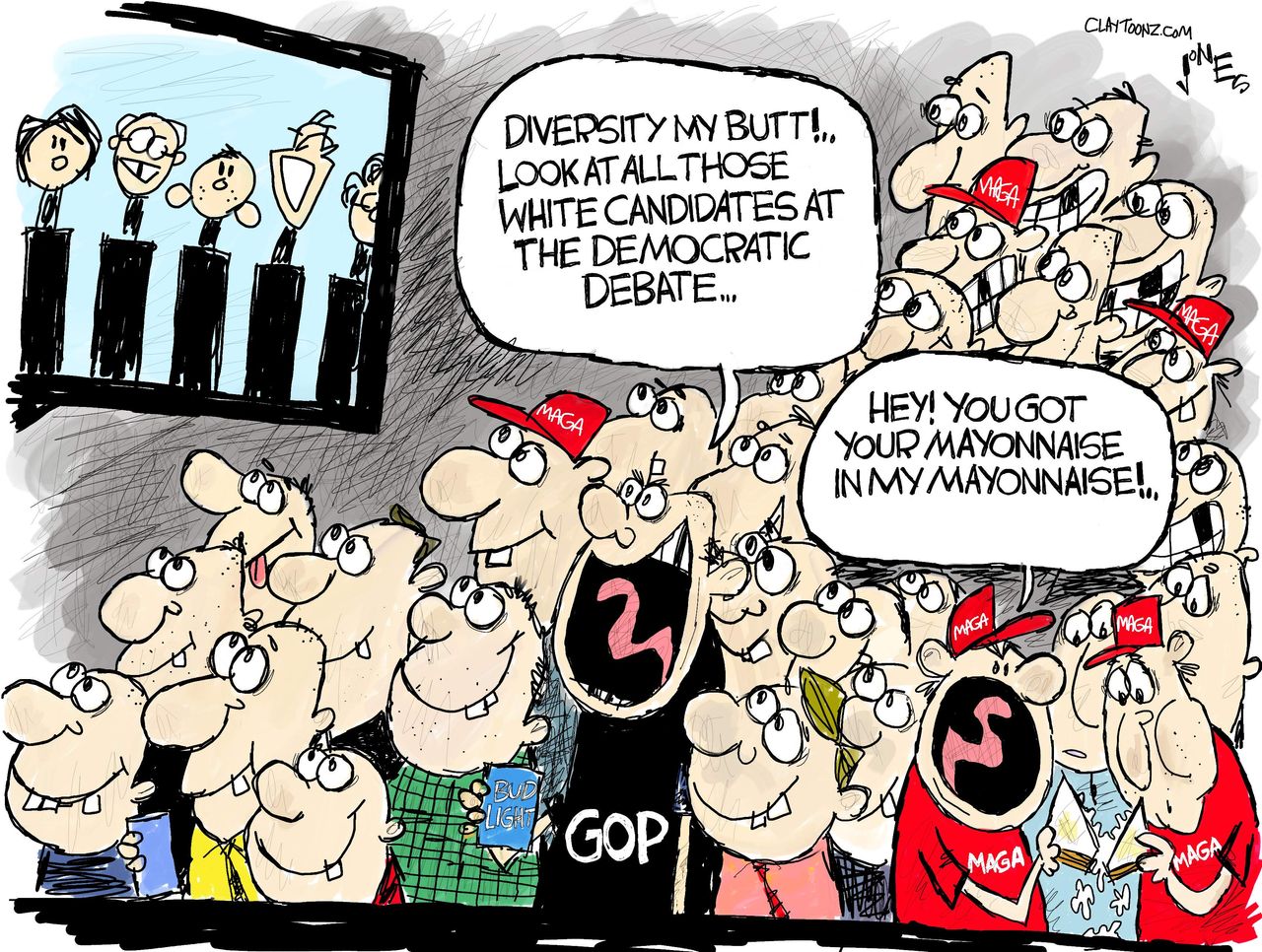 Political Cartoon U.S. GOP diversity democratic debate