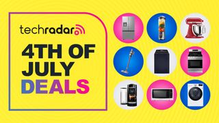 Collage of various big and small appliances on a yellow background next to TechRadar 4th of July sales badge