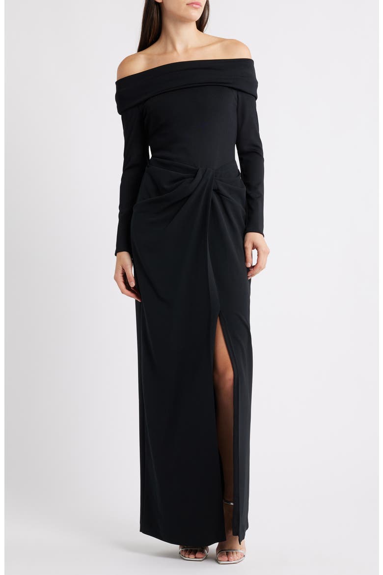 Off the Shoulder Long Sleeve Rib &amp;amp; Crepe Gown