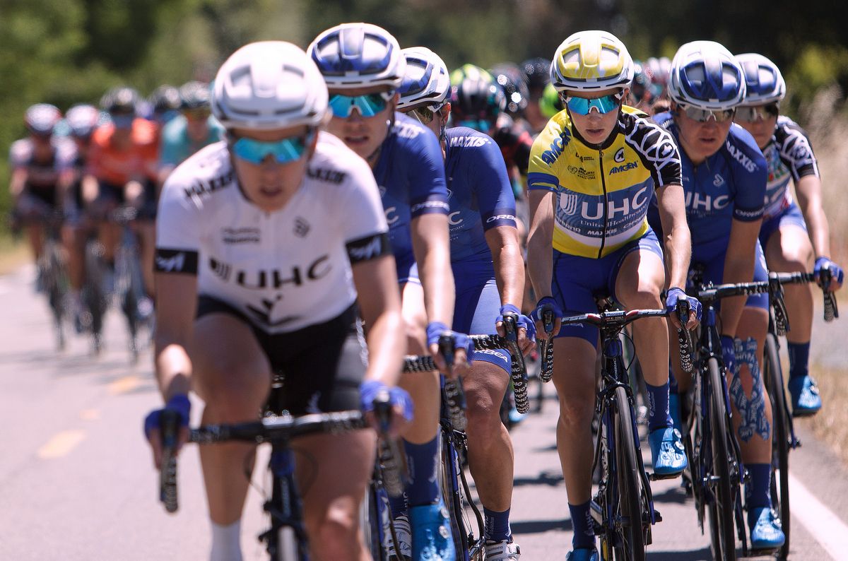 UHC provided Katie Hall with a yellow helmet to match her jersey