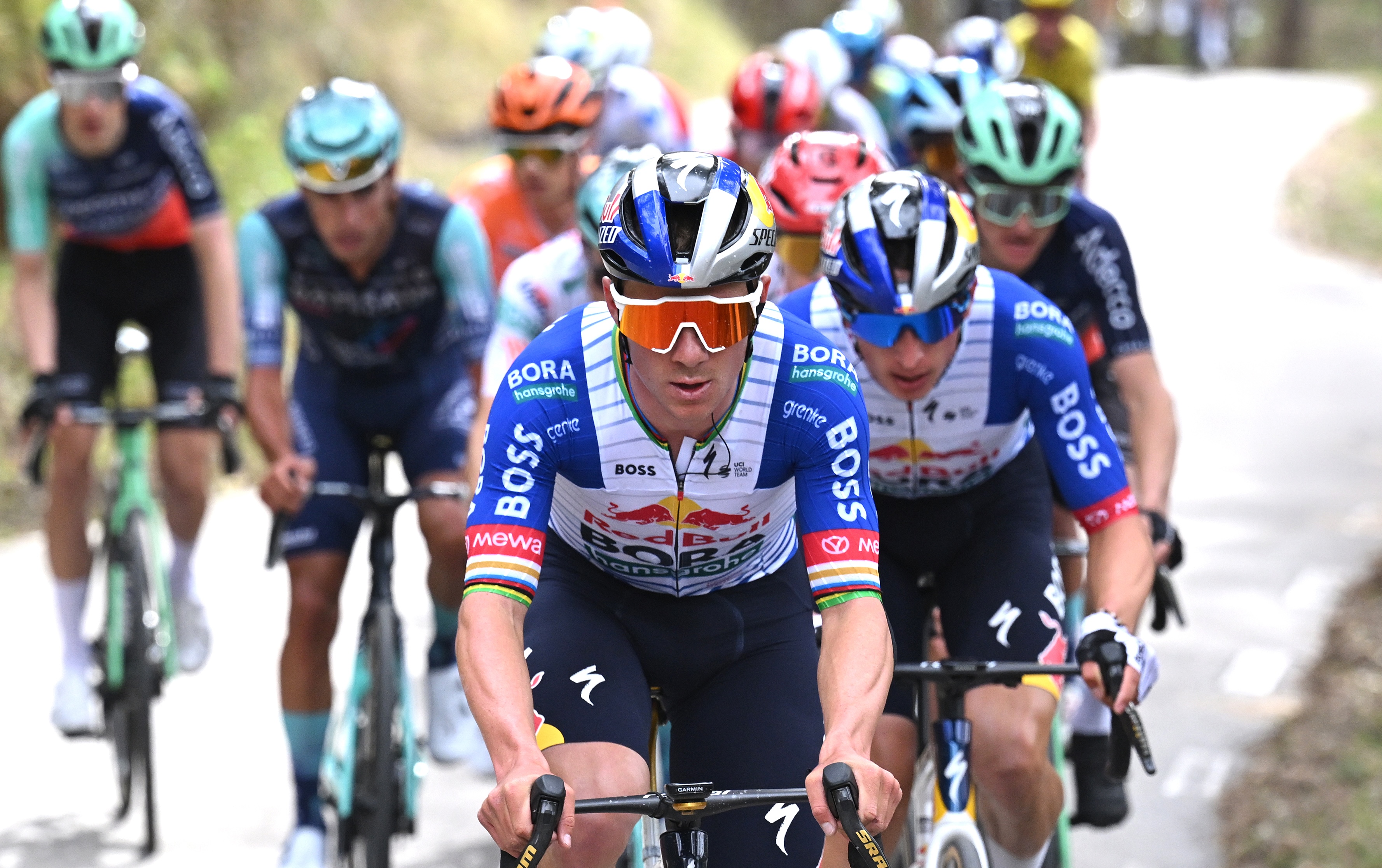 Florian Lipowitz of Germany and Remco Evenepoel of Belgium and Team Red Bull - BORA - hansgrohe lead in the chase group during the 105th Volta a Catalunya