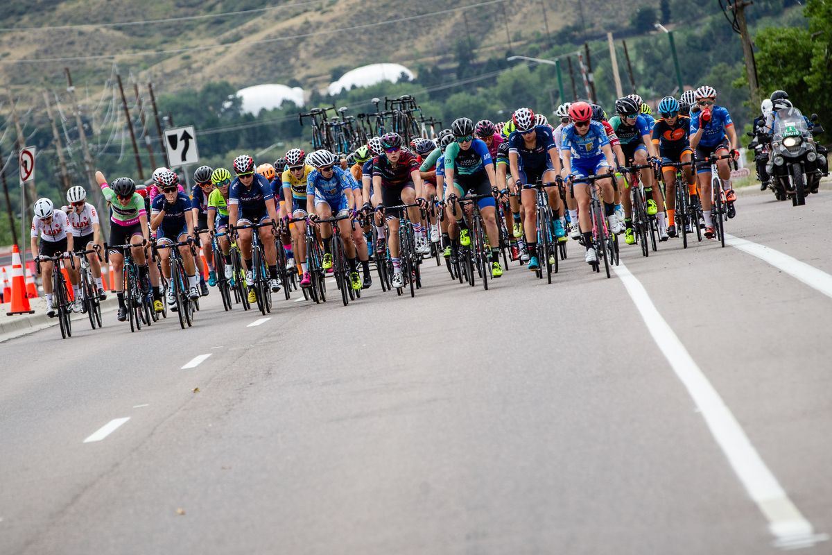The field spreads across the road after chasing down attacks on stage 3 of the Colorado Classic on August 24, 2019 in Golden, Colorado.