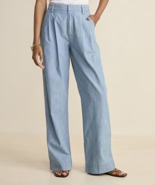 Chambray Pleated Wide Leg Trouser - Light Indigo