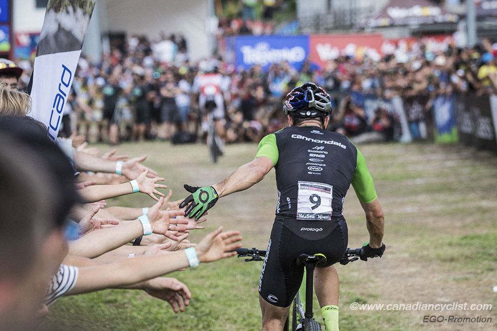 Henrique Avancini (Bra) Cannondale Factory Racing XC greets the crowd after becoming the first Brazilian to be on a World Cup podium