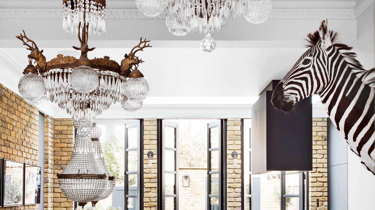 Chandeliers in a bright living room