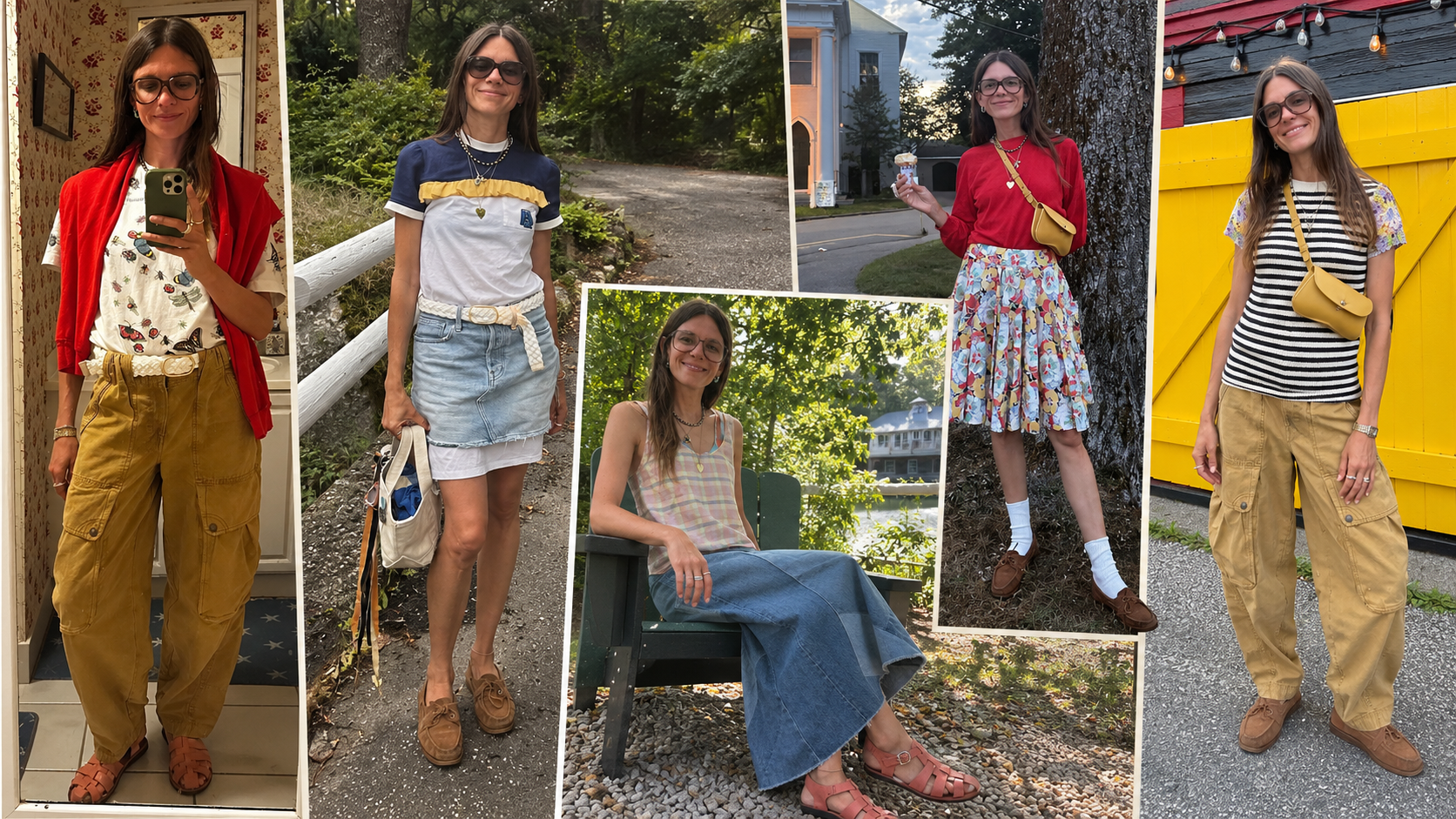 A six-image collage of a woman wearing colorful, casual vacation outfits, including cargo pants, denim skirts, graphic tops, floral prints, and layered accessories.