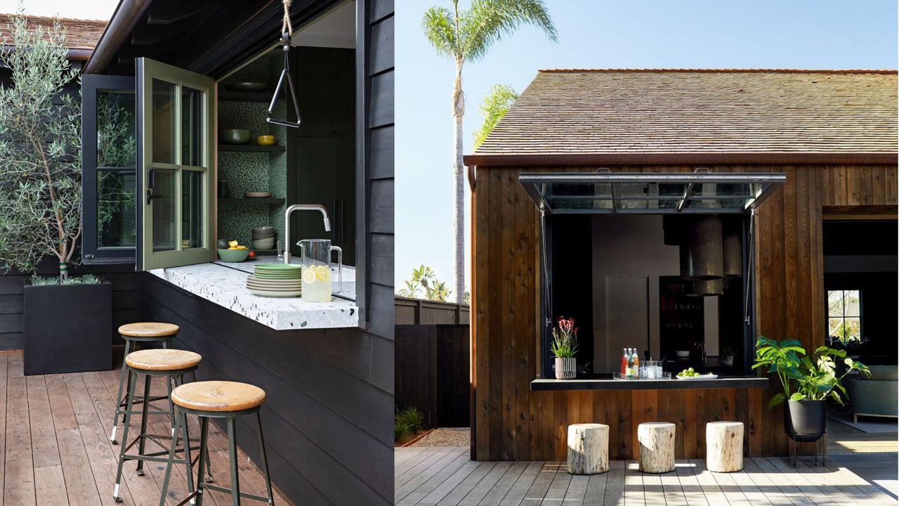 two images of pass-through windows. one with green bifold windows on a black house with a bench top, the other a timber house exterior with a cafe-style awning pass-through and bench stools