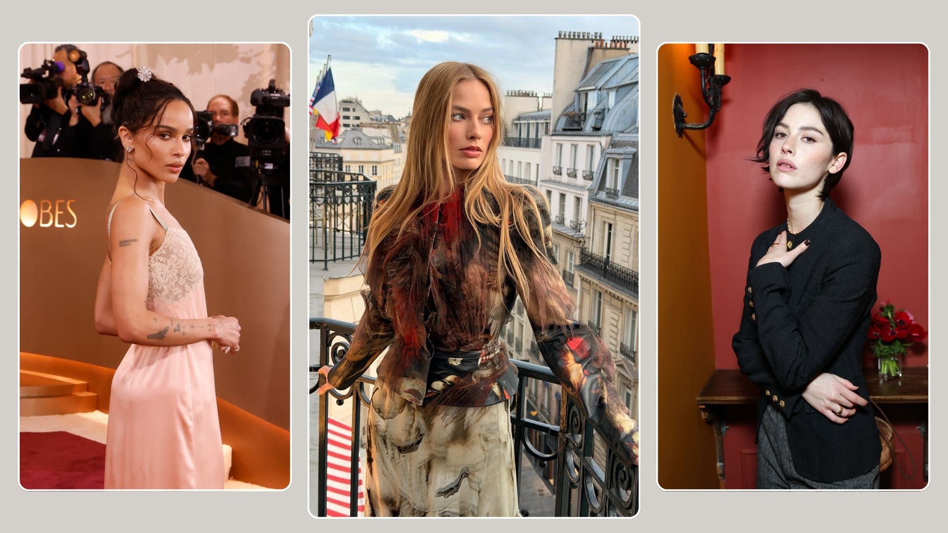 A collage with Zoe Kravitz, Margot Robbie and Gracie Abrams