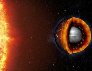 An artist's depiction of a molten exoplanet.