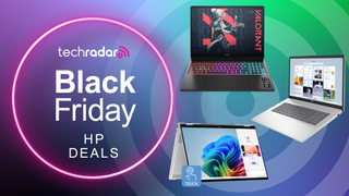 Techradar Black Friday HP deals text with three HP laptops