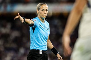 Referee Ivana Martincic pointing during the UEFA Women's EURO 2025 Group D match between Netherlands and France at St. Jakob-Park on July 13, 2025 in Basel, Switzerland.