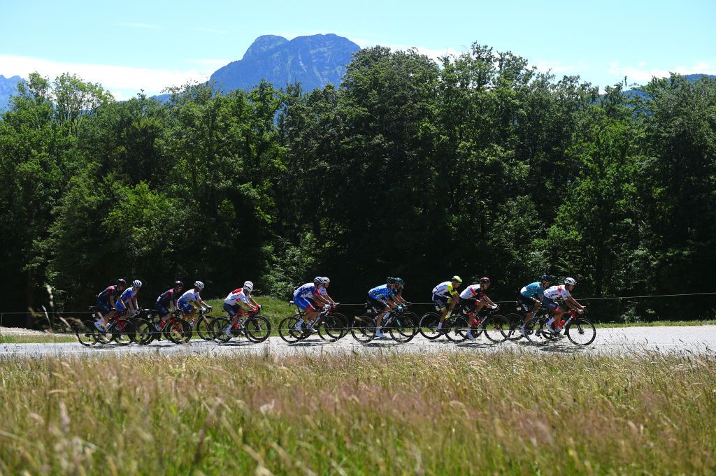 PLATEAU DE SALAISON FRANCE JUNE 12 Eddie Dunbar of Ireland and Team INEOS Grenadiers Matteo Fabbro of Italy and Team Bora Hansgrohe Laurens De Plus of Belgium and Team INEOS Grenadiers Gorka Izagirre Insausti of Spain and Movistar Team Bruno Armirail of France and Team Groupama FDJ George Bennett of New Zealand and UAE Team Emirates Michael Storer of Australia and Team Groupama FDJ Antonio Tiberi of Italy and Team Trek Segafredo Simon Geschke of Germany and Team Cofidis Kenny Elissonde of France and Team Trek Segafredo Alexis Vuillermoz of France and Team Total Energies Antwan Tolhoek of Netherlands and Team Trek Segafredo Franck Bonnamour of France and Team BB Hotels PB KTM Jan Hirt of Czech Republic and Team Intermarch Wanty Gobert Matriaux and Pierre Rolland of France and Team BB Hotels PB KTM Polka Dot Mountain Jersey compete in the breakaway passing through the Col de Leschaux 938m during the 74th Criterium du Dauphine 2022 Stage 8 a 1388km stage from SaintAlbanLeysse to Plateau de Salaison 1495m WorldTour Dauphin on June 12 2022 in Plateau de Salaison France Photo by Dario BelingheriGetty Images
