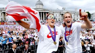 Jill Scott and Lucy Bronze celebrate England's Euro 2022 victory in Trafalgar Square