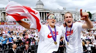 Jill Scott and Lucy Bronze celebrate England&#039;s Euro 2022 victory in Trafalgar Square