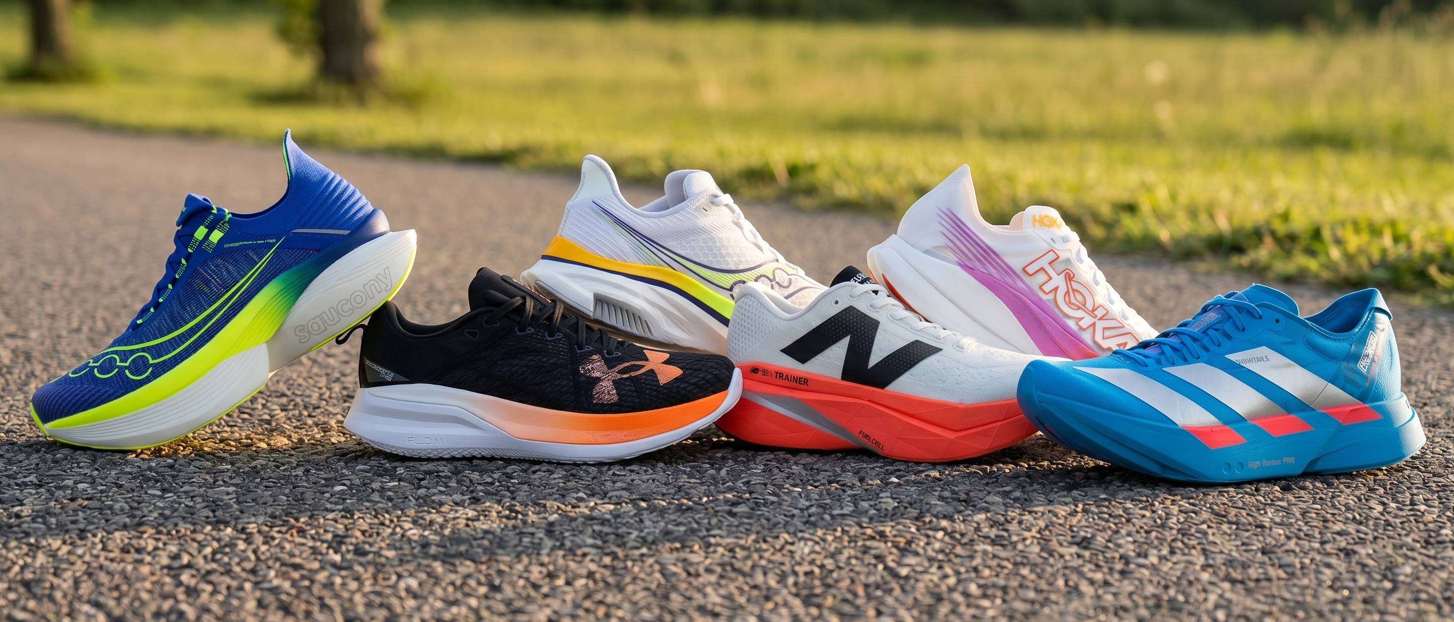 Selection of running shoes on an asphalt path with grass in the background