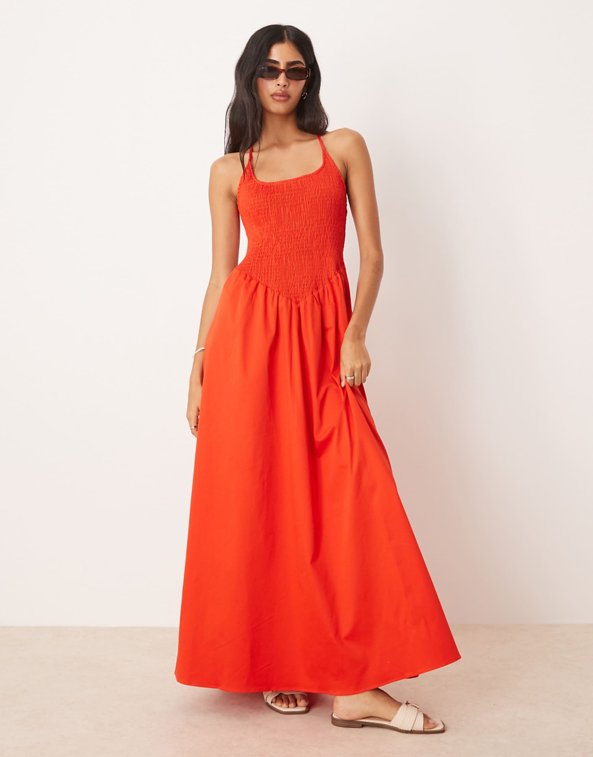 Asos Design Scoop Neck Crinkle Maxi Dress With Cross Back in Bright Red