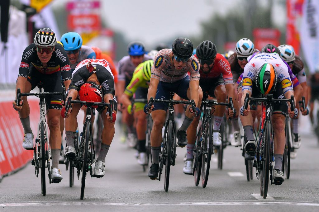 TEMPLEUVE BELGIUM AUGUST 16 Sprint Arrival Caleb Ewan of Australia and Team Lotto Soudal Sam Bennett of Ireland and Team Deceuninck QuickStep Tim Merlier of Belgium and Team AlpecinFenix Arvid De Kleijn of The Netherlands and Riwal Readynez Cycling Team Nacer Bouhanni of France and Team Arkea Samsic Silvan Dillier of Switzerland and Team Ag2R La Mondiale during the 41st Tour de Wallonie 2020 Stage 1 a 187km stage from Soignies to Templeuve TourdeWallonie TRW2020 on August 16 2020 in Templeuve Belgium Photo by Luc ClaessenGetty Images