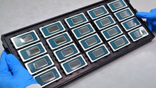 A palette of Intel Core Ultra CPUs in a tray